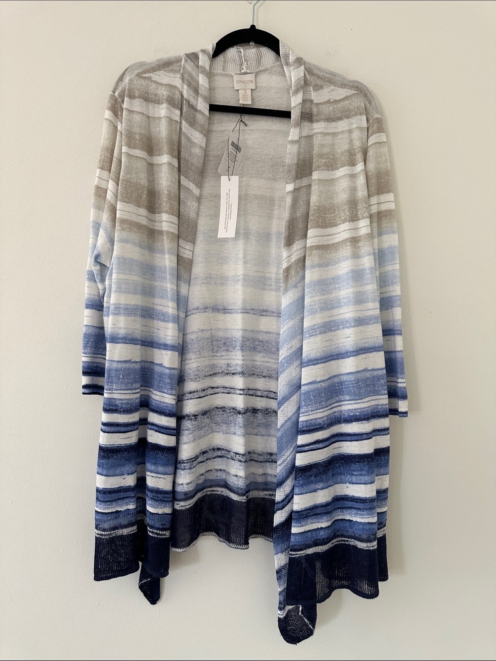 NWT Chico's Open Front White/Cream Sant to Navy Waves Women's Cardigan Sweaters